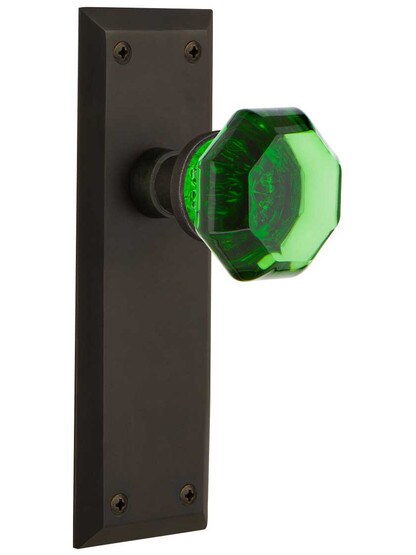 New York Door Set with Colored Waldorf Crystal Glass Knobs Emerald in Oil-Rubbed Bronze.
